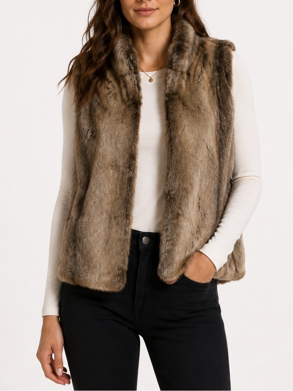 Donna Salyers' Fabulous Furs Mink Signature Fur Vest 100% Faux Fur Brown Large